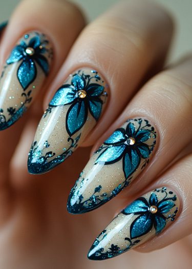 Elegant floral metallic teal nail art with intricate designs and rhinestones for a refined look.