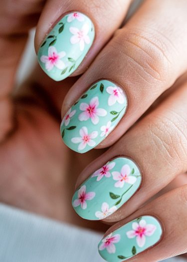 Sophisticated floral mint green nail art with pink flowers and green leaves for spring elegance.