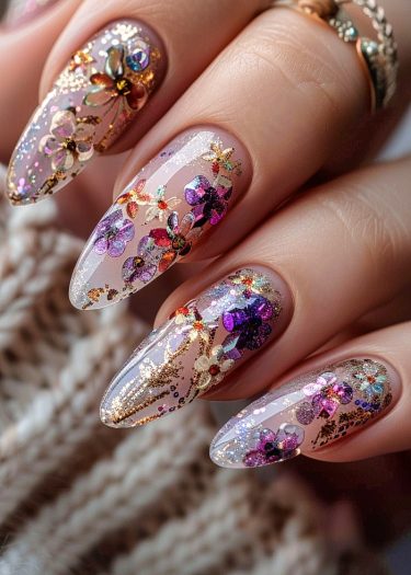 Exquisite floral motif nail art design with colorful patterns and elegant gold accents.