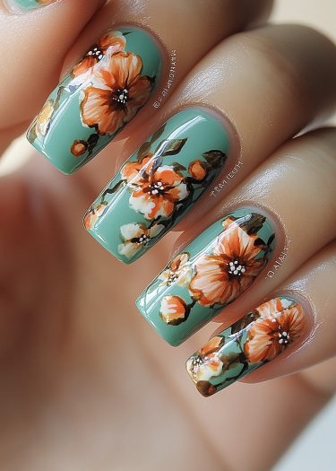 Elegant floral nail art design with matte sage green base and vibrant orange and white flowers.