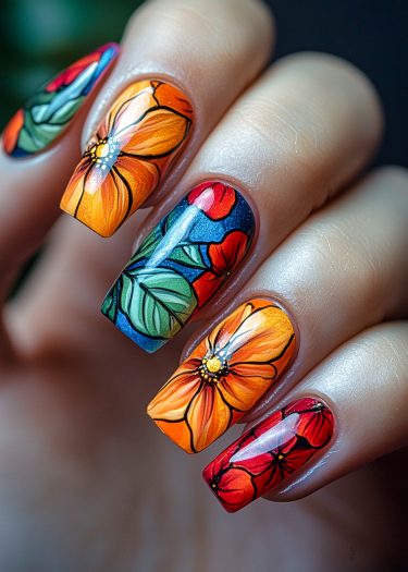 Vibrant floral nail art featuring intricate colorful designs on stylish manicured nails.