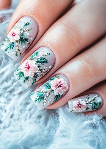 Elegant floral nail art design featuring pink flowers and green leaves on manicured nails.