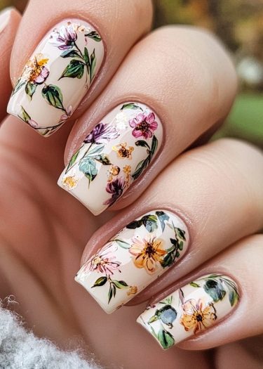 Elegant floral nail art with intricate designs on nude nails, showcasing colorful flowers and leaves.