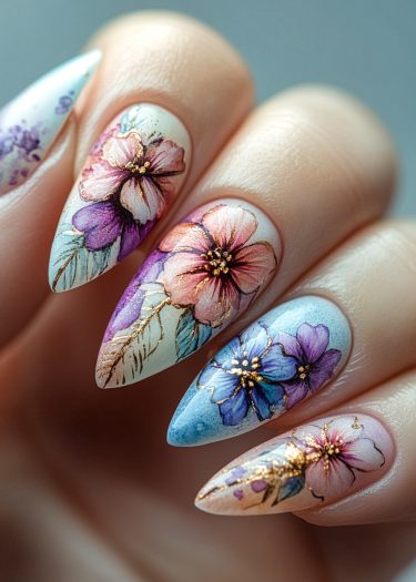 Elegant floral nail art design with intricate details and gold accents on almond-shaped nails.