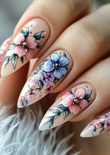 Elegant floral nail art on almond-shaped nails with vibrant flowers and glossy finish.