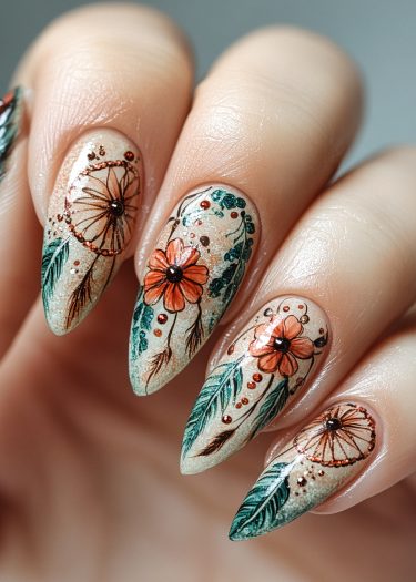 Elegant floral nail art featuring intricate designs, vibrant colors, and nature-inspired elements.