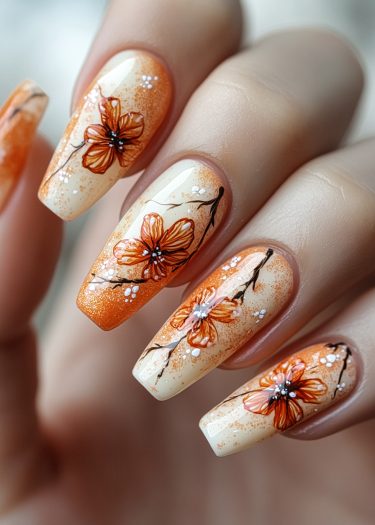 Beautiful floral nail art featuring intricate designs in orange and white on a neutral background.