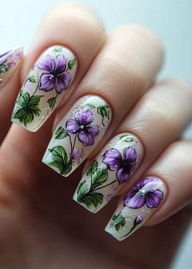 Stunning floral nail art featuring purple flowers and green leaves on a glossy finish.