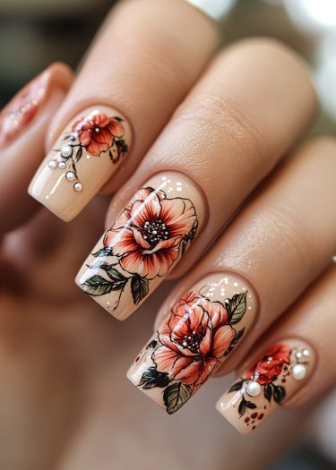 Elegant floral nail art featuring intricate red and orange flowers on stylish beige almond nails.