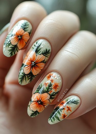 Elegant floral nail art featuring vibrant orange flowers and green leaves with a subtle glitter finish.