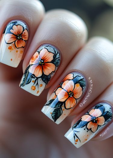 Vibrant floral nail art design featuring orange flowers and green leaves on glossy nails.