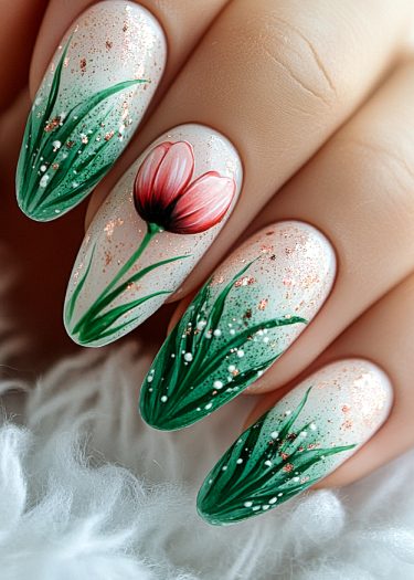 Intricate floral nail art with tulips and green foliage on a soft pink background.