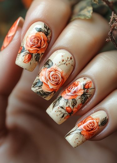 Elegant floral nail art featuring detailed orange roses and green leaves on a cream base.