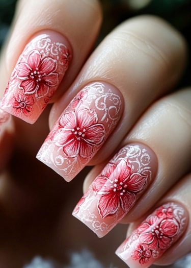 Exquisite floral nail art with red flowers and intricate designs on almond-shaped nails.