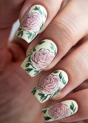 Elegant floral nail art featuring pink roses and green leaves on a creamy yellow background.