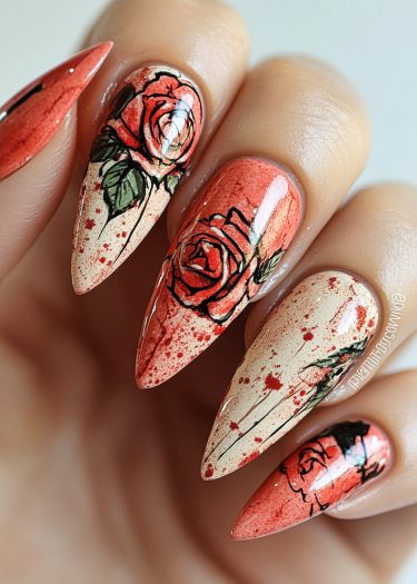 Elegant stiletto nails with intricate floral designs in vibrant colors and splatter effects.