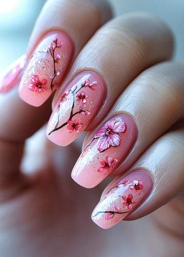 Elegant floral nail art with intricate flowers on a soft pink gradient background.