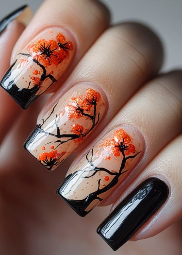 Elegant floral nail art with black branches and shimmering orange flowers on a nude base.