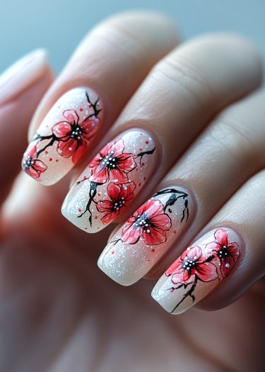 Intricate pink floral nail art design on pale pink base with glossy finish.