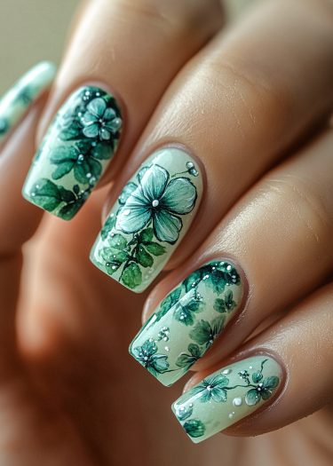 Elegant mint green floral nail art with detailed designs and embellishments for a sophisticated look.