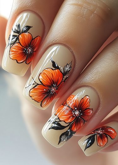 Intricate floral nail art featuring vibrant orange flowers on a neutral beige background.