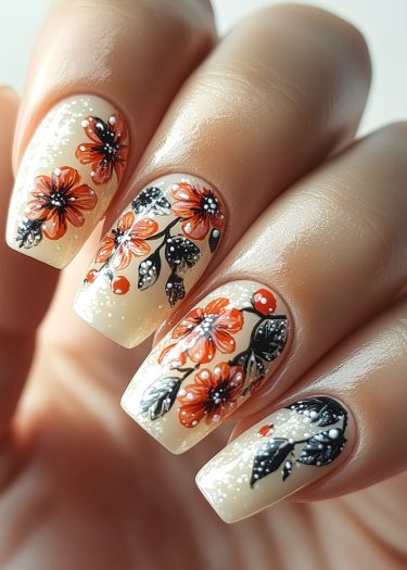 Intricate floral nail art featuring burnt orange flowers on elegant off-white nails.