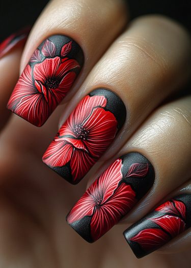 Elegant floral nail art featuring vibrant red flowers on a bold black background.