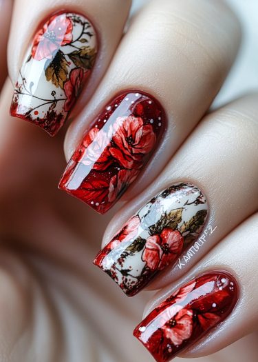 Elegant floral nail art with intricate designs in red and pink on glossy nails.