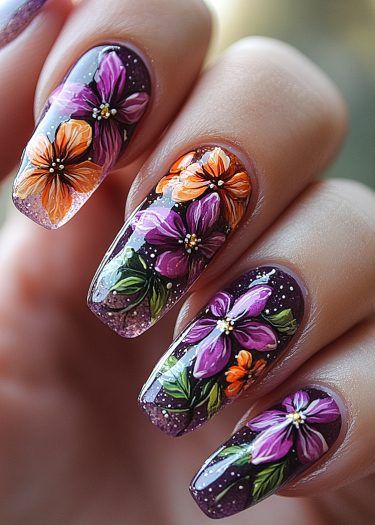 Vibrant floral nail art featuring intricate orange and purple designs on a dark backdrop.