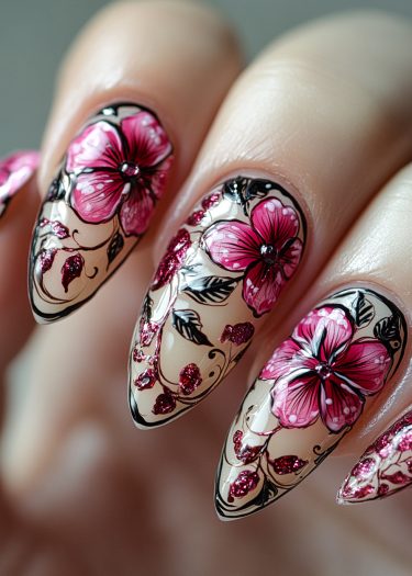 Intricate floral nail art featuring pink hibiscus flowers and glitter on long almond-shaped nails.