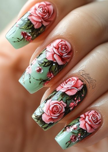 Elegant floral nail art featuring pink roses and glitter on a pastel green background.