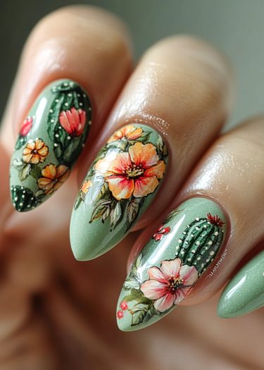 Elegant floral nail art on almond-shaped nails with sage green base and intricate designs.