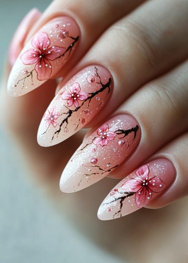 Elegant floral nail art with pink blossoms and intricate designs on almond-shaped nails.