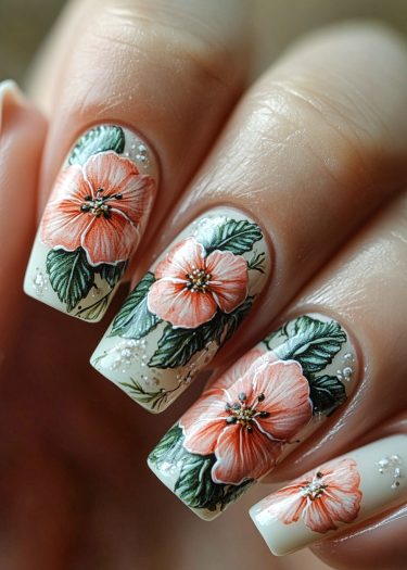 Exquisite floral nail art featuring soft coral flowers and delicate greenery on a creamy base.