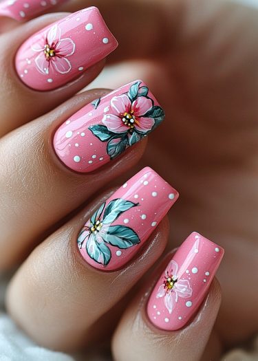 Elegant floral nail art featuring soft pink polish and intricate designs with glossy finish.