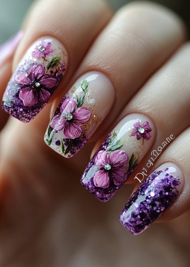 Stunning floral nail art featuring purple and pink flowers with glitter accents and rhinestones.