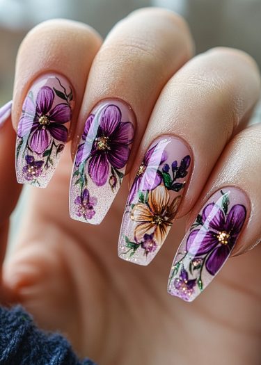 Elegant floral nail art with intricate purple and gold designs on long glossy nails.