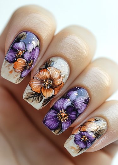 Intricate floral nail art featuring purple and orange flowers on a creamy beige background.