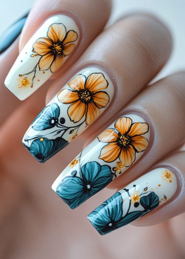 Vibrant floral nail art with orange and blue patterns on elegantly shaped off-white nails.