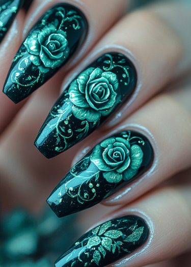 Elegant black stiletto nails featuring shimmering green rose nail art and glittering vine designs.