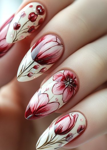 Elegant floral nail art featuring intricate designs in pink and red on a creamy background.