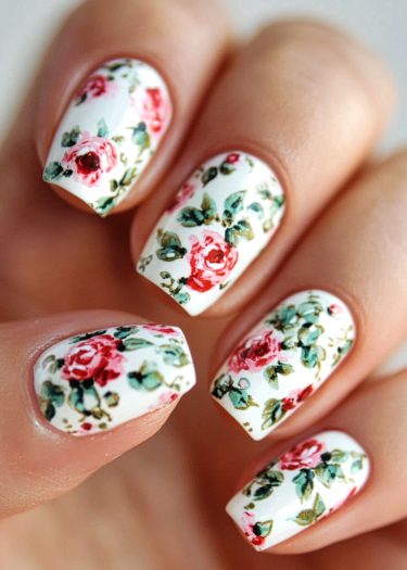 Elegant floral nail art with roses and leaves on a crisp white background.