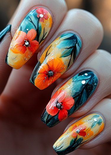 Elegant floral nail art with a vibrant gradient and rhinestones for a chic look.