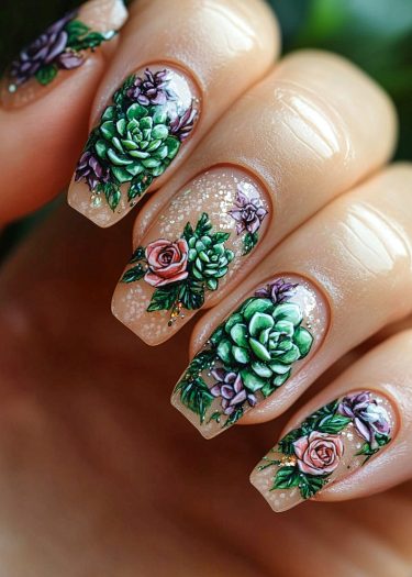 Elegant floral nail art featuring roses and succulents on a nude background with sparkle.