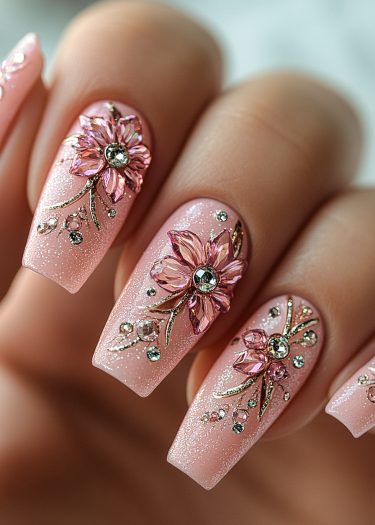 Elegant floral nail art design with pink crystals on shimmering pastel pink nails.