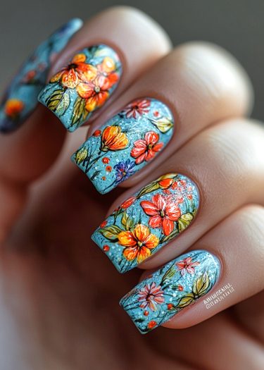 Vibrant floral nail art design with intricate details on a light blue background.