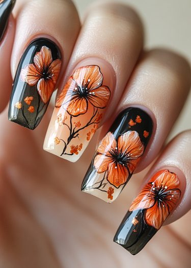 Elegant floral nail art with intricate orange flowers on contrasting backgrounds and stylish long nails.