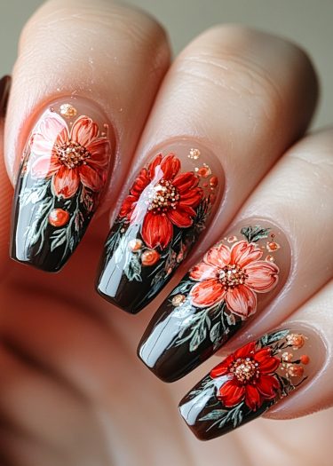 Stunning floral nail art with red and orange designs on elegant brown gradient nails.