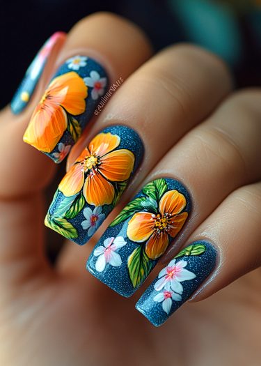 Stunning floral nail art design with vibrant flowers on a glittery blue background.