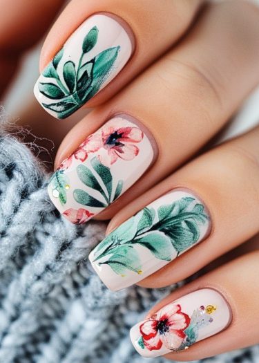 Intricate floral nail art with vibrant colors on a nude base, showcasing elegant designs.